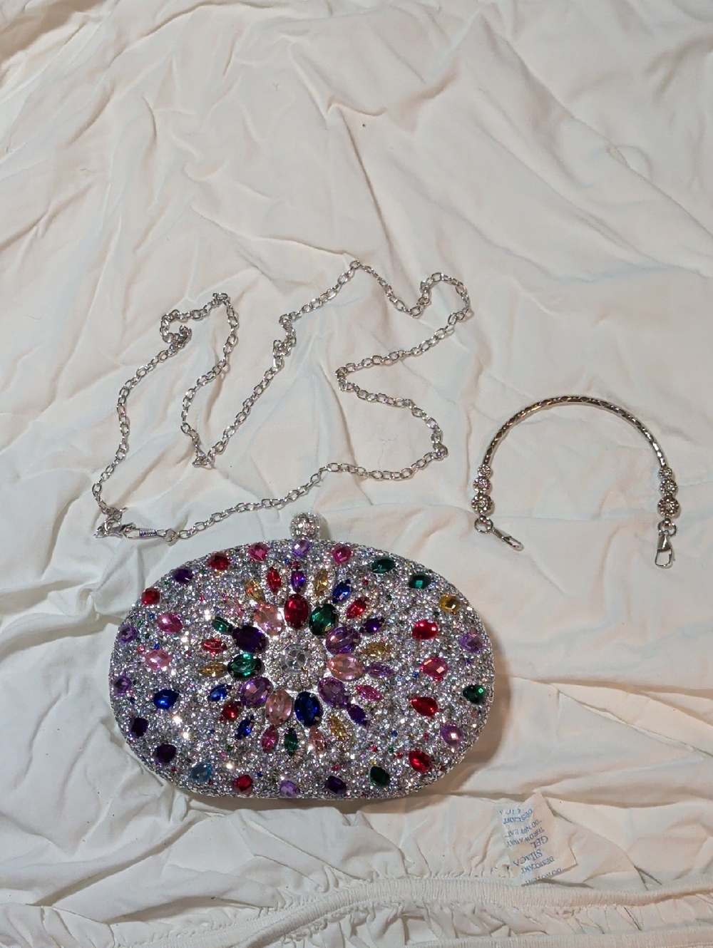 Crystal Multicolor Jeweled Oval Evening Bag with Silver Chain